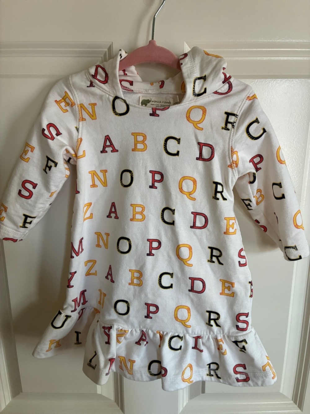 Kids White Alphabet Hoodie Dress with Red, Yellow and Black Letters